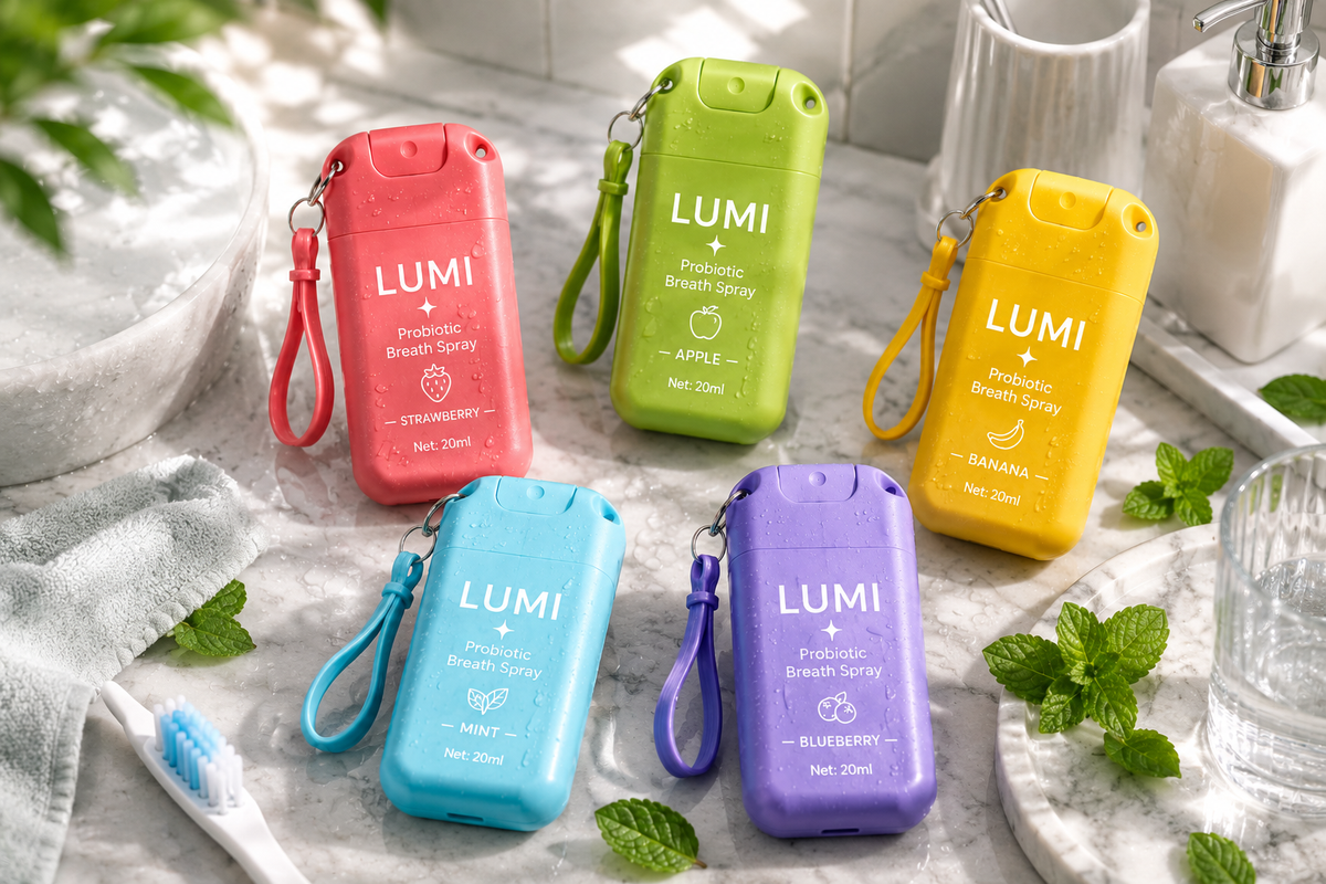 All five LUMI Probiotic Breath Spray flavors — strawberry, apple, banana, mint and blueberry — lined up on a bathroom counter with a toothbrush and fresh mint leaves.