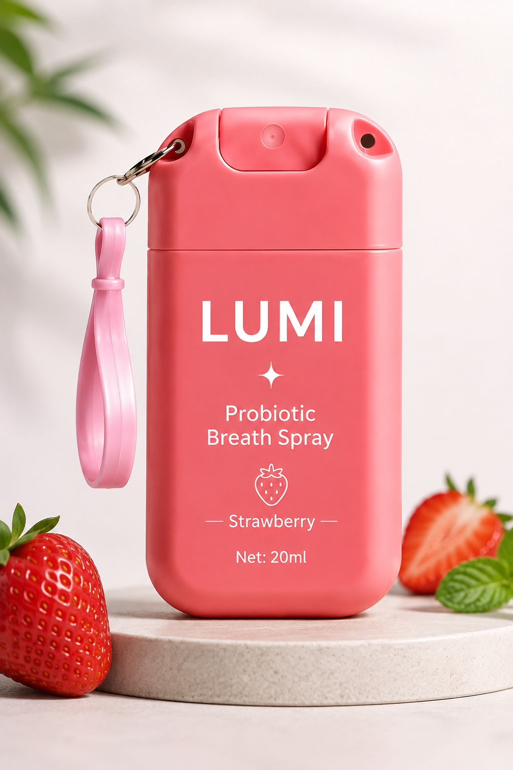 LUMI Strawberry probiotic breath spray, 20 ml pocket bottle with keychain clip.