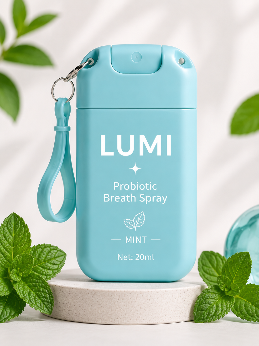 Single LUMI Probiotic Breath Spray bottle in mint flavor with keychain clip, 20ml.