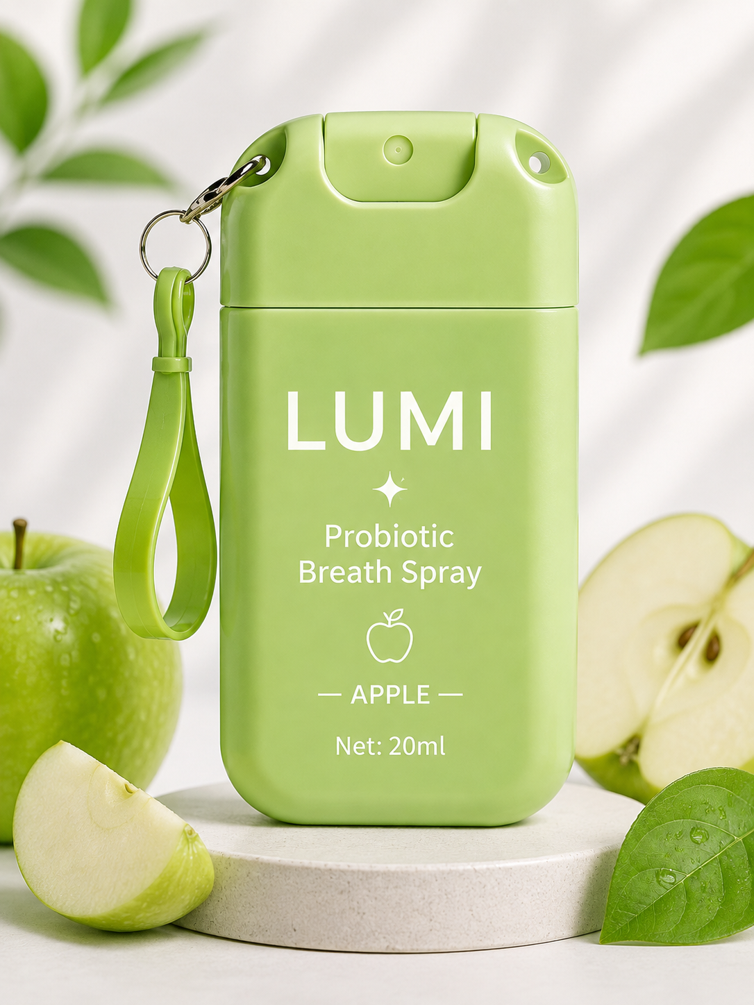 LUMI Apple probiotic breath spray, 20 ml pocket bottle with keychain clip.