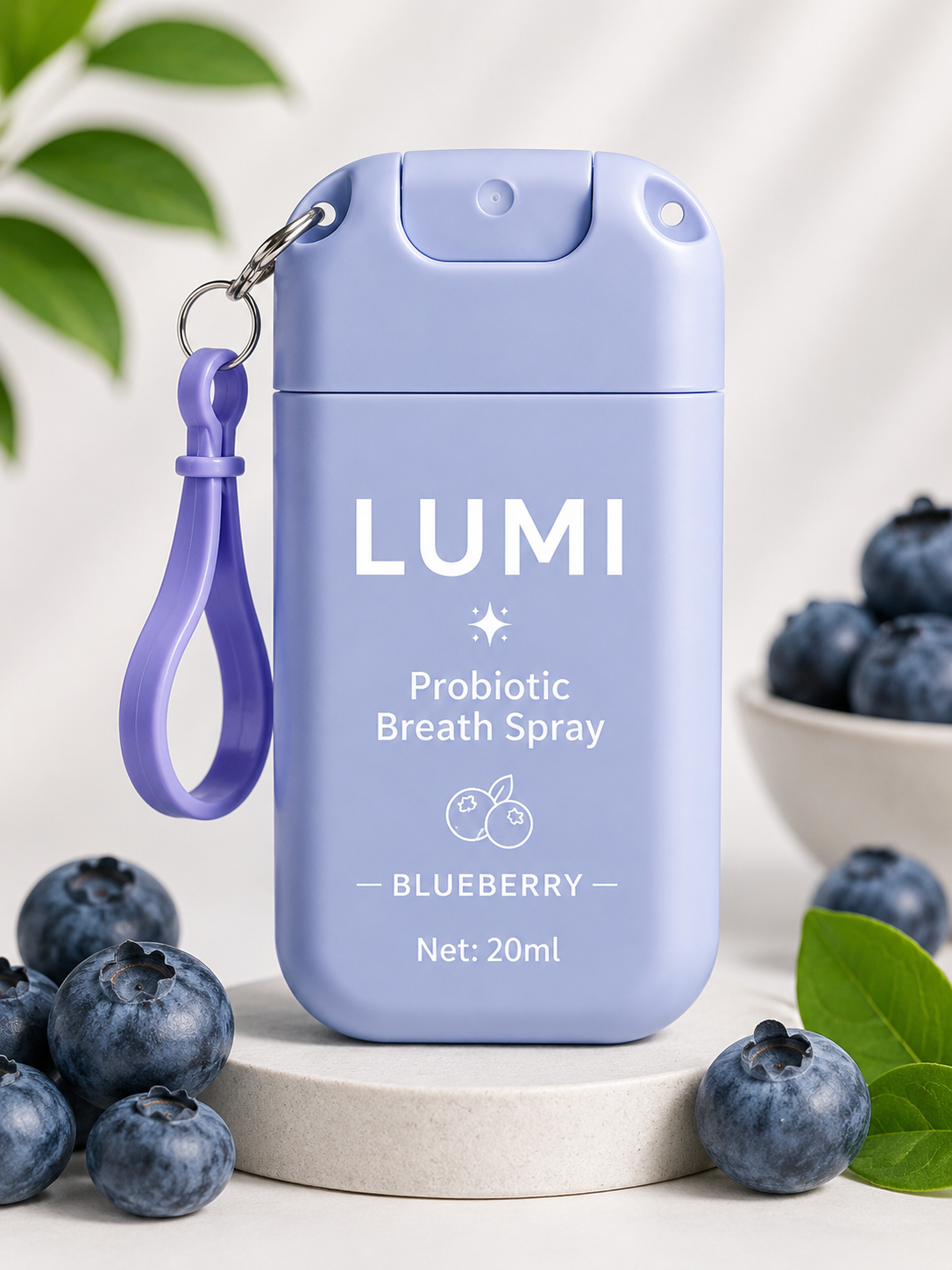 LUMI Blueberry probiotic breath spray, 20 ml pocket bottle with keychain clip.