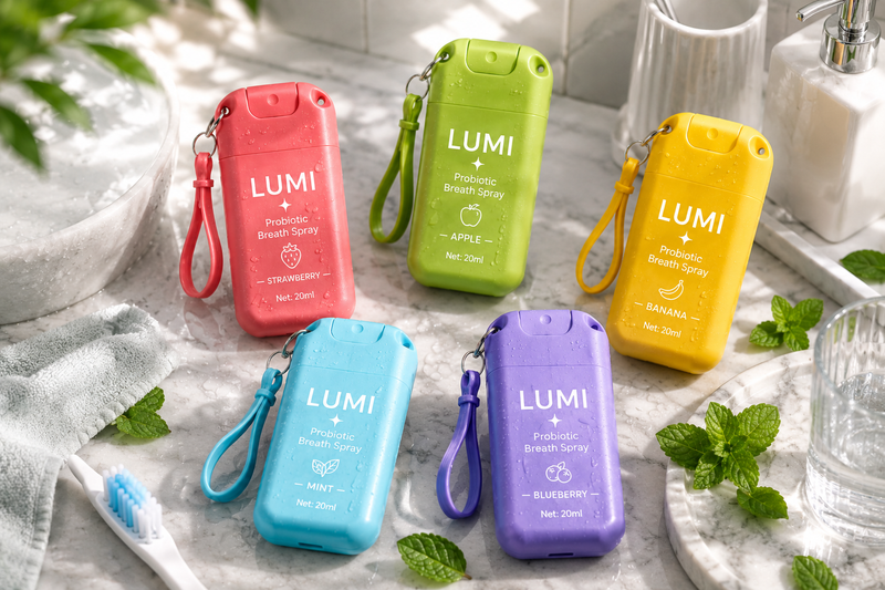 All five LUMI Probiotic Breath Spray flavors — strawberry, apple, banana, mint and blueberry — lined up on a bathroom counter with a toothbrush and fresh mint leaves.