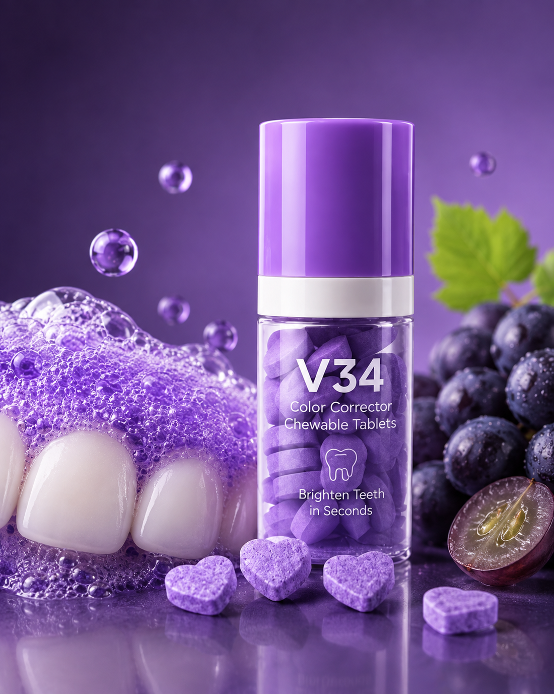 LUMI Fizz Tabs V34 chewable tablets in a glass bottle with grapes and toothpaste foam — brighten teeth in seconds.