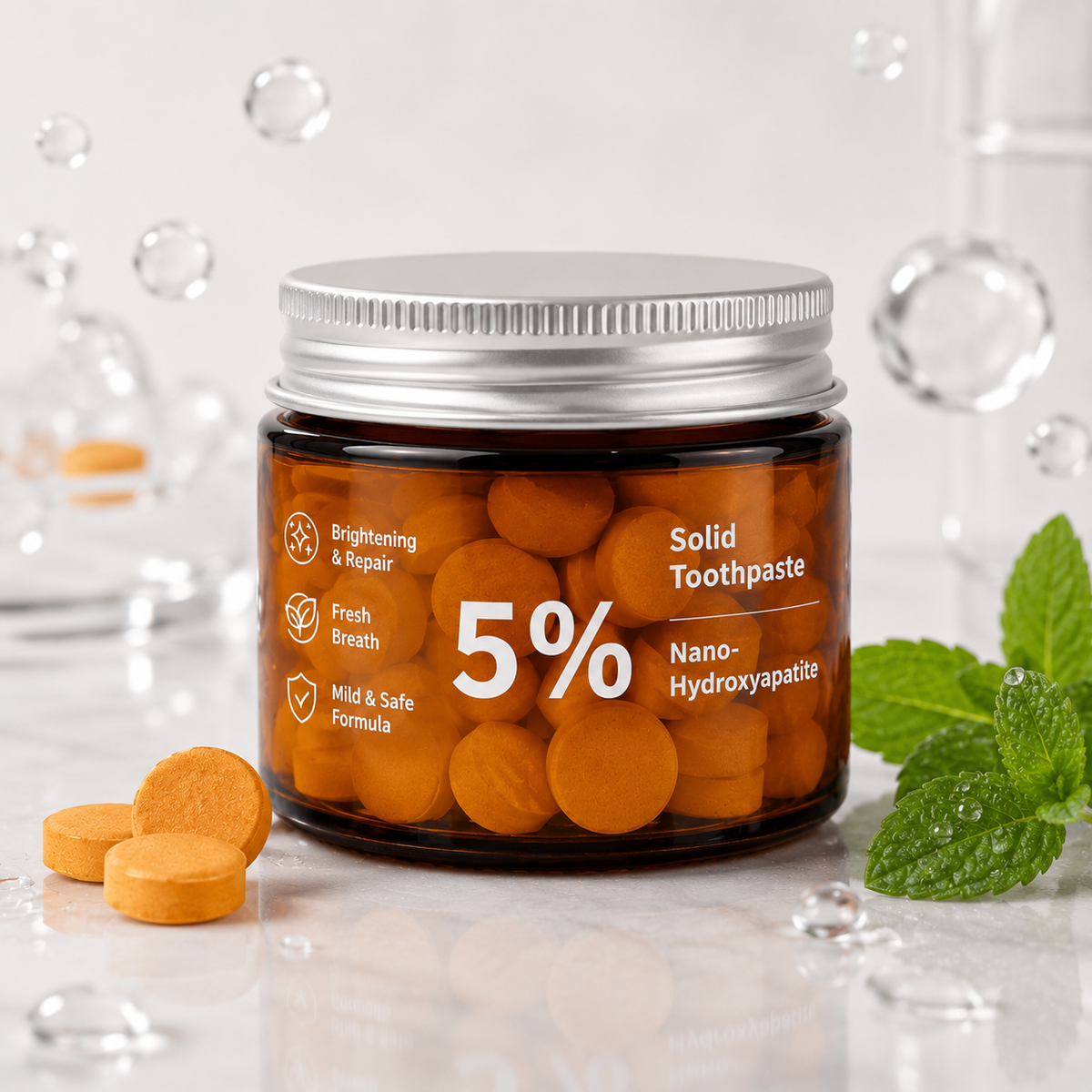 LUMI Fizz Tabs Enamel Repair chewable tablets with 5% nano-hydroxyapatite, in a portable jar.